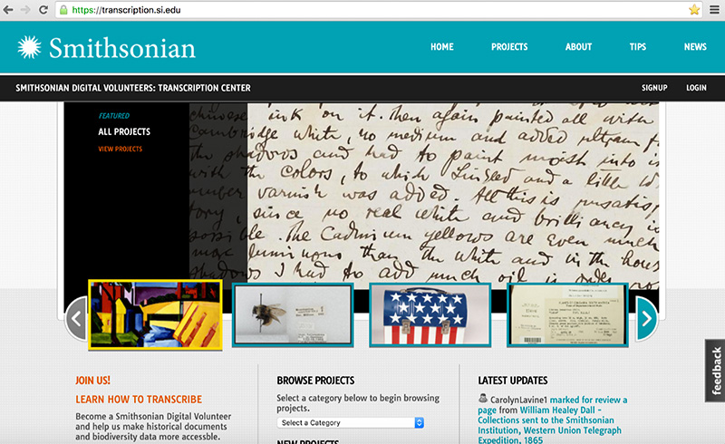 The homepage of the Smithsonian Transcription Center